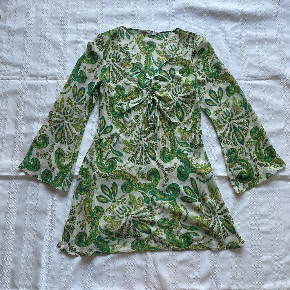 Planet 100% Silk Fairycore Mini Dress Boho Paisley Green Earthy